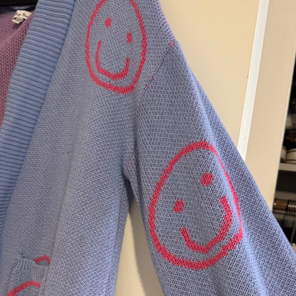 White Birch Blue Cardigan with Pink Smiley Faces - Picture 4 of 4